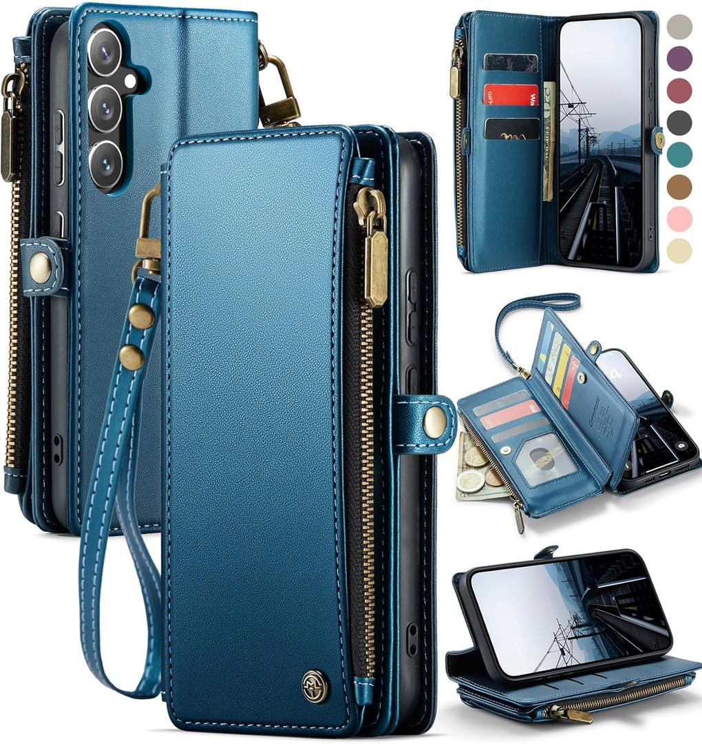 Defencase for Samsung Galaxy S25 FE Case Wallet with RFID Blocking Card Holder for Women and Men, PU Leather Magnetic Snap Flip Zipper Strap Wallet Phone Case for Galaxy S25 FE 5G 6.7", Dark Blue