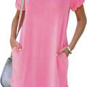 YEXIPO Women's Casual Summer Short Sleeve T Shirt Dress Nightgown Crew Neck Loose Solid Color Basic Dresses with Pockets (Pink, XL)