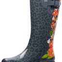 landchief Rain Boots for Women, Waterproof Ladies Tall Knee High Rubber boots,Comfort Garden Boots Anti-Slip Mid Heel Women Rain Shoes Outdoor (8, Red Flowers)