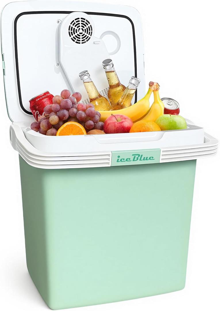 Iceblue Electric Cooler, 26 Liters/28 Cans Mini Fridge with Automatic Locking Handle, 120V AC Home Power Cord & 12V Car Adapter Car Refrigerator, Car Fridge for Home, Car, Gift (Green)