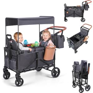 2-in-1 Wagon Stroller for 2 Kids  Adjustable Push & Pull Handle AllTerrain Wagon with Canopy, 5Point Harnesses, sanck Tray 2-in-1 Storage Bag, Lightweight, Compact  Grey (Gray)