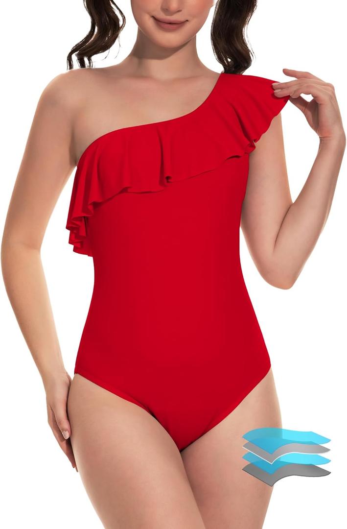 Beautikini Period Swimwear One Piece Menstrual Leakproof Swimsuit One Shoulder Ruffle Bathing Suits for Girls Teens (Medium, Hot Red)