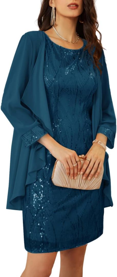 GRACE KARIN Women's Sequin Dress - Wedding Guest & Mother of The Bride Formal Dress - Two Piece Knee Length (Medium, Peacock Blue)