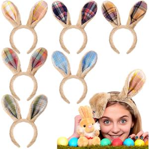 6 Pcs Easter Bunny Ears Headbands Rabbit Ear Headband Plaid Bunny Headband Hair Accessories One Size for Women Adult Easter Party Decoration Brown