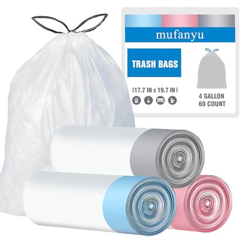 4 Gallon 60 Counts Drawstring Trash Bags, 4 Gal Unscented White Small Garbage Bags, Small Trash Can Bin Liners for Home Office Kitchen Bedroom Car, Fit 12-15 Liter