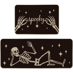 Artoid Mode Spooky Skeleton Spider Bone Black Halloween Kitchen Mats Set of 2, Black Home Decor Low-Profile Kitchen Rugs for Floor - 24x35 and 24x59 Inch