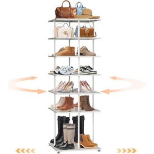 Spinning Rotating Shoe Rack: All-Metal 7 Tier 360 Revolving Boot Rack, Vertical Shoe Organizer Space Saving for Balcony, Entryway, Door, Living Room, White