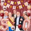 Trgowaul 50th Birthday Decorations for Women, Burgundy Red Rose Gold 50th Birthday Party Supplies, Banner, Sash and Crown, Cake Topper, 50 Number Balloon, Fringe Curtains, 50 Year Old Decoration Set