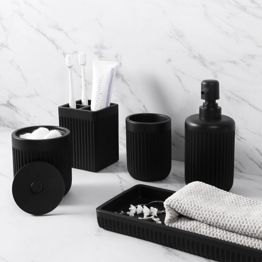 ResinBathroom Accessories Set 5 Pcs, Lotion Soap Dispenser, Toothbrush Holder, Bathroom Tumbler, Qtip Holder and Vanity Tray, Bathroom Countertop Organizer Set for Modern Apartment