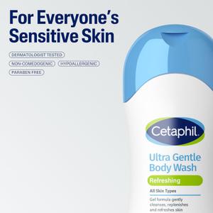 Cetaphil Ultra Gentle Refreshing Body Wash, Refreshing Scent For Dry to Normal, Sensitive Skin, 16.9oz Pack of 1, with Aloe Vera, Calendula, Vitamin B5, Hypoallergenic, Dermatologist Tested
