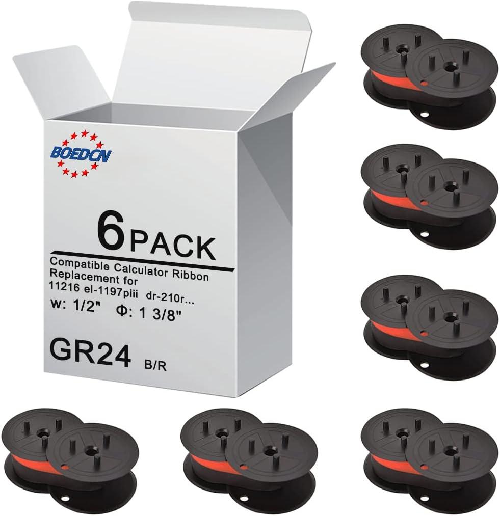 6 Pack Replacement Ribbons for Porelon 11216 Twin Spool Calculator - Universal GR24br Compatible with Sharp el-1197piii, Nukote BR80c, Casio fr-2650tm Adding Machine (Black/Red)