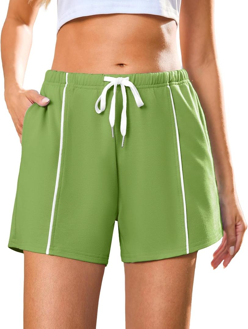 Quenteen Womens Sweat Shorts Lounge Shorts Casual Comfy Drawstring High Waist Running Shorts with Pockets (Green, M)