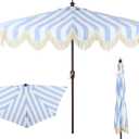 JONATHAN Y Half Umbrella UMB1201C Beverly 9 ft. Designer Classic Scalloped Fringe Market Patio with Crank, Push-Button Tilt and UV Protection in Light Blue/White