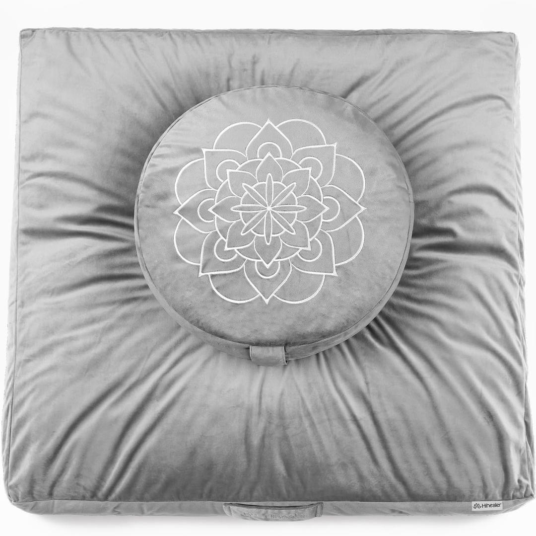 Hihealer Meditation Cushion Set Large Rose Velvet Zafu & Zabuton Floor Pillow Traditional Tibetan Yoga Bolster for Adults Buckwheat Filled for Comfort Support