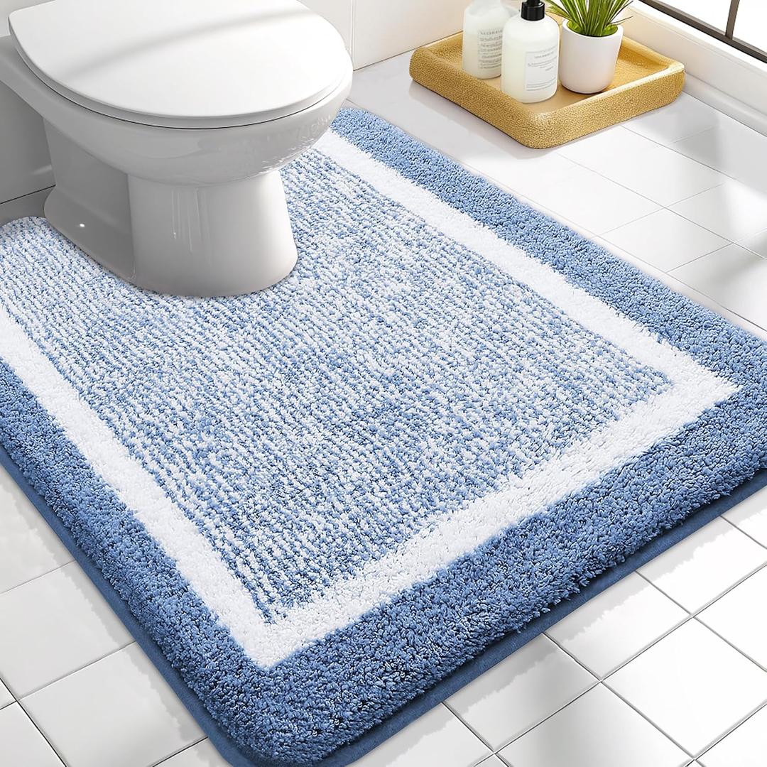 OLANLY Toilet Rugs U-Shaped 24x20, Extra Soft and Absorbent Microfiber Bathroom Rugs, Non-Slip, Machine Wash Dry, Plush Shaggy Contour Bath Mats for Toilet Base, Blue