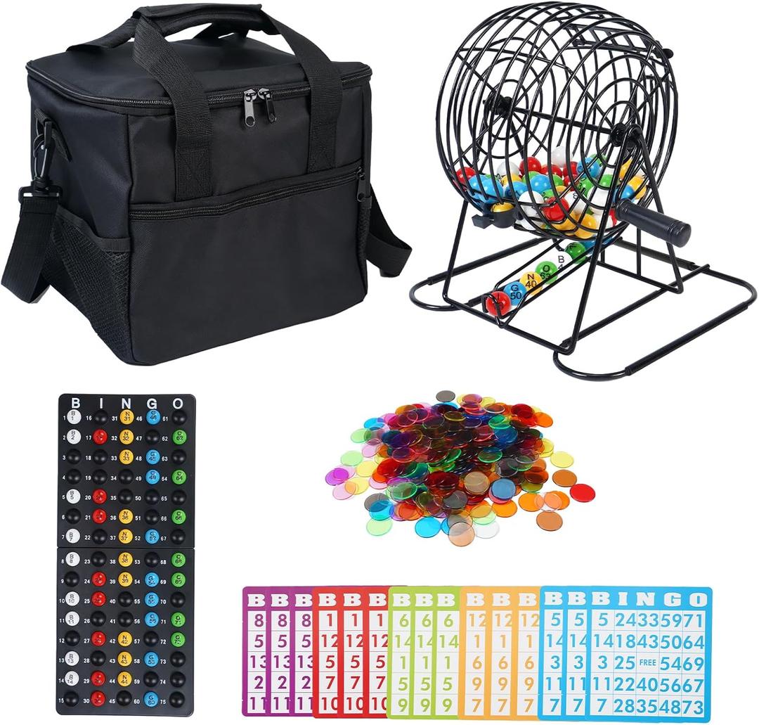 Deluxe Bingo Game Set with Laser Engraved Balls & 300 Chips – Includes 8" Metal Bingo Cage, 100 Large Print Cards, Master Board, Storage Bag for Family Parties & Group Games