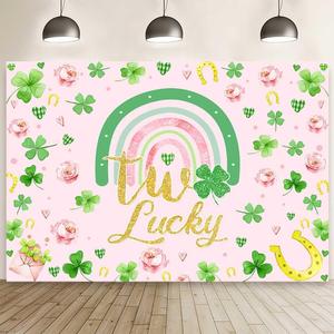 MEHOFOND 7x5ft Two Lucky Birthday Banner for Girl Green Shamrock Rainbow 2nd Birthday Banner Green Clover Pink Floral St Patrick's Day Backdrop for Photography Irish Festival Party Decorations