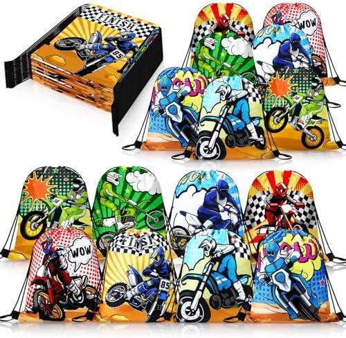 Boao 16 Pack Dirt Bike Favors Bag Racing Themed Party Drawstring Motorcycle Goodie Bags for Birthday Party Supplies Candy Gift Men Bike Lover