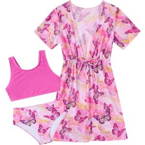 AIDEAONE 5-16T Girls Bathing Suit 3 Piece Swimsuit Drawstring Quick Dry Tankini with Cover Ups (9-10 Years, Pink Butterflies)