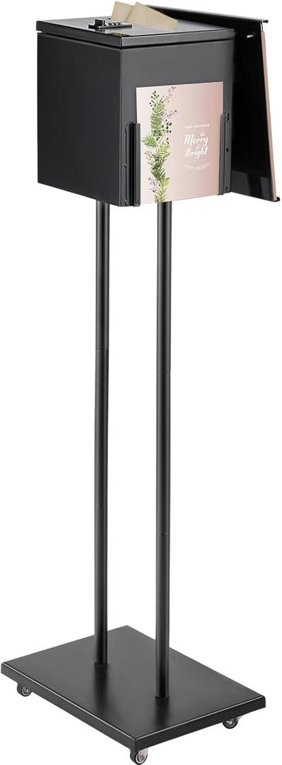 VEVOR Suggestion Box with Stand, Floor-Standing Ballot Box with Lock, Sign Holder and Side Pocket for Ballot Collection, Ideal for Voting, Donation and Church Election, 8.6" W x 9.4" H x 8" D, Black