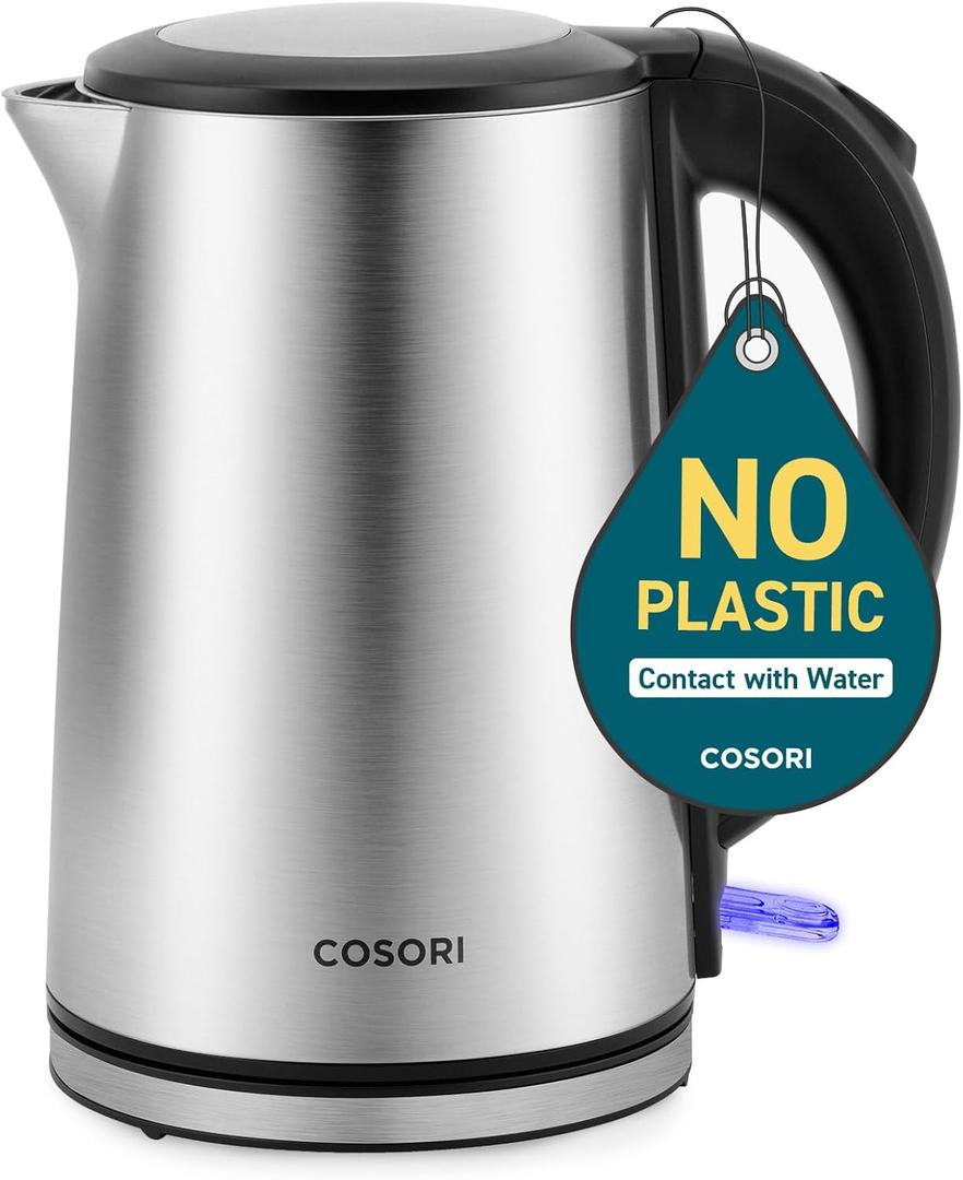 Cosori Electric Kettle, No Plastic Inner Lid, Filter & Spout, Stainless Steel Tea Kettle, Automatic Shut Off & BoilDry Protection, Durable Tea Kettle Boiler & Heater, 1.5L/1500W, Silver