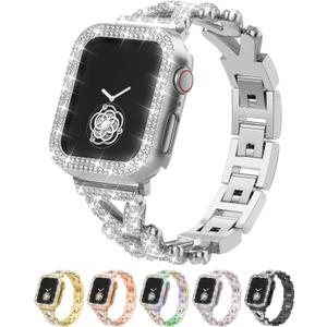 Rhinestones Encrusted Metal Bracelet and Case, Compatible with Apple Watch Bands 38mm-49mm (Series 10/1/SE/Ultra 2)- Bling Gold Women's Jewelry Strap, Luxury iWatch Bracelet with Screen Protector