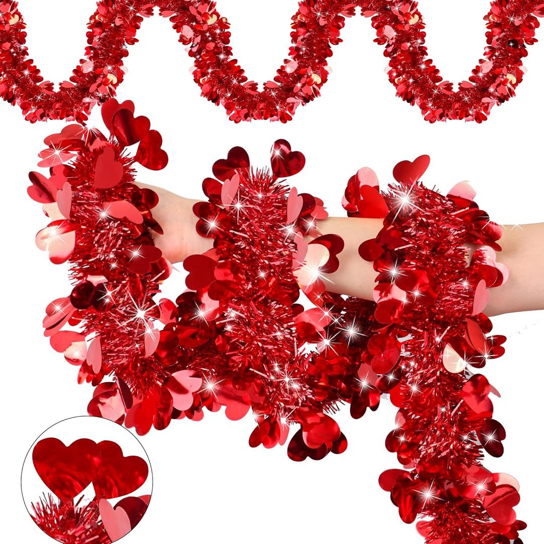 50 Ft Valentines Day Garland Decor Red Heart Tinsel Garlands Valentines Day Decorations Metallic Twist Shiny Hanging Garland for Tree Mantle Classroom Home Indoor Wedding Party Supplies Romantic Decor