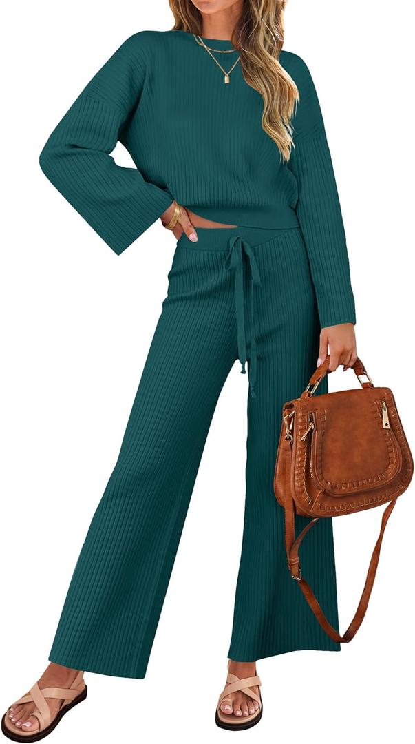 ZESICA Women's 2 Piece Outfits Set 2026 Casual Long Sleeve Knit Pullover Top and Wide Leg Pants Sweatsuit Lounge Sets (Medium, Teal)