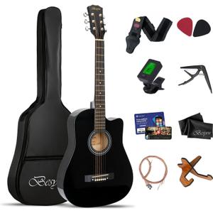 38 inch Black Acoustic Guitar Beginner Kits, 3/4 Cutaway Wood Acustica Guitarra for Beginners Adults with Online Lesson,Gig Bag,Picks,Steel Strings Strap with Picks Holder