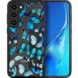S23+ Plus Case Cute with Stand/ Shockproof Slim Strap Kickstand Phone Case for Women Girls Compatible with Samsung Galaxy S23+ Plus/ Blue Butterflies Butterfly Animal