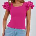 PRETTYGARDEN Women's Ruffle Short Sleeve Shirts 2025 Summer Casual Basic Tee Cute Fitted Crew Neck Fashion Tops Clothes (Red, S)