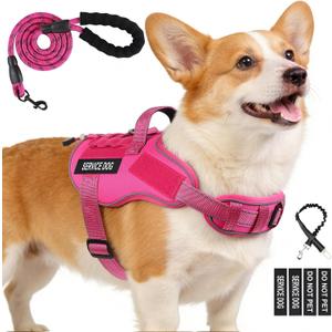 Service Dog Vest, No Pull Dog Harness Dog, Service Dog Harnesses and Leash Set, Reflective Easy Walk Dog Vest Harness with Handle, Service Animal Vest for Dogs(Pink, M)
