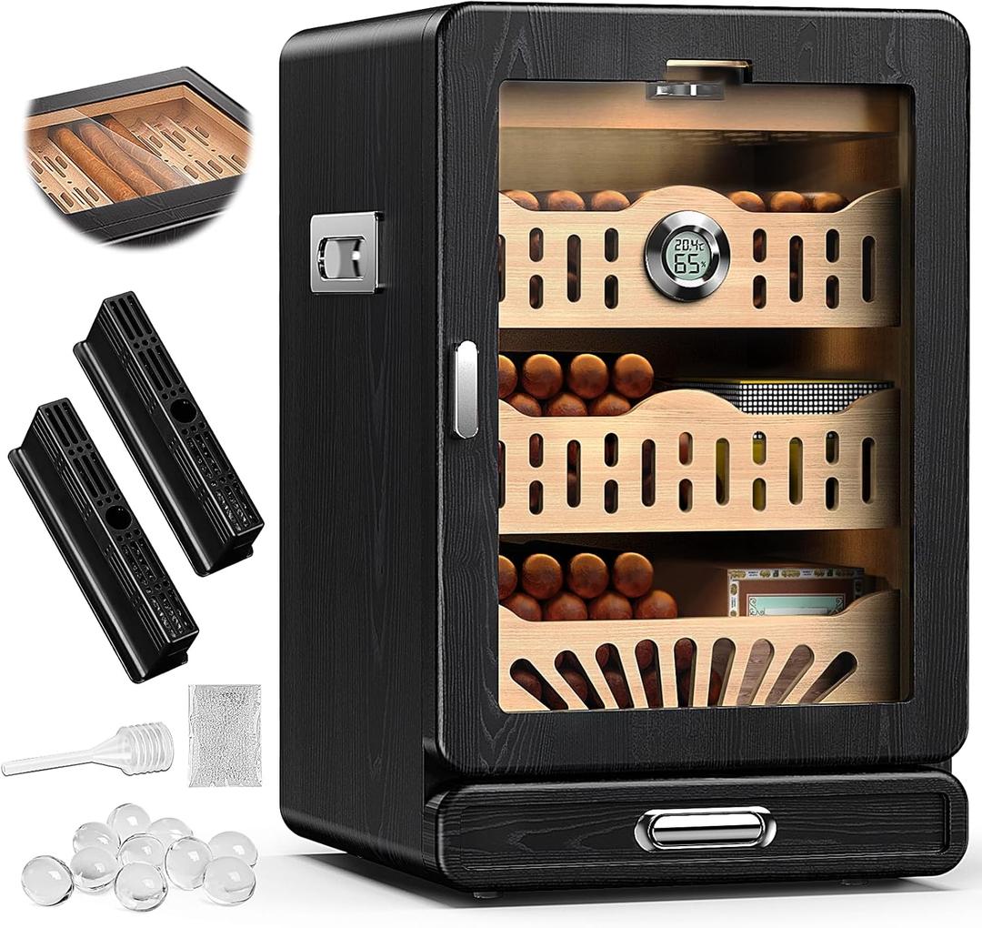 KEJIAR Cigar Humidor, Glass top Tabletop Cigar Humidor Cabinet Draw Pattern Spanish Cedar Tray, Accessories Drawer, 2 Standing Gel Humidifiers，1 Digital Hygrometer, for Men（Black）