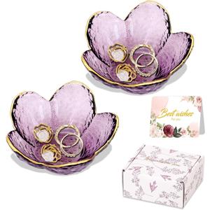 Gifts for Women Purple Flower Jewelry Dish Glass Ring Holder Decorative Jewelry Tray Cute Vanity Room Decor Aesthetic Nightstand Bathroom Decor Trinket Dish Friendship Birthday Christmas Gifts (2pcs)
