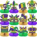 12 Pieces Mardi Gras Party Decorations Honeycomb Centerpieces Crown Mask Sign Table Toppers Double Side Gold Green Purple Table Centerpieces for Mardi Gras Masquerade New Orleans Party Supplies Favor