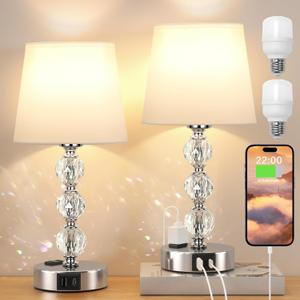 Acaxin 14.6'' Bedside Lamps for bedrooms Set of 2 - Mini Crystal Table Lamps with USB A+C Charging Ports and AC Outlet, 3 Way Dimmable Touch Control Silver Bed Side Nightstand Lamp