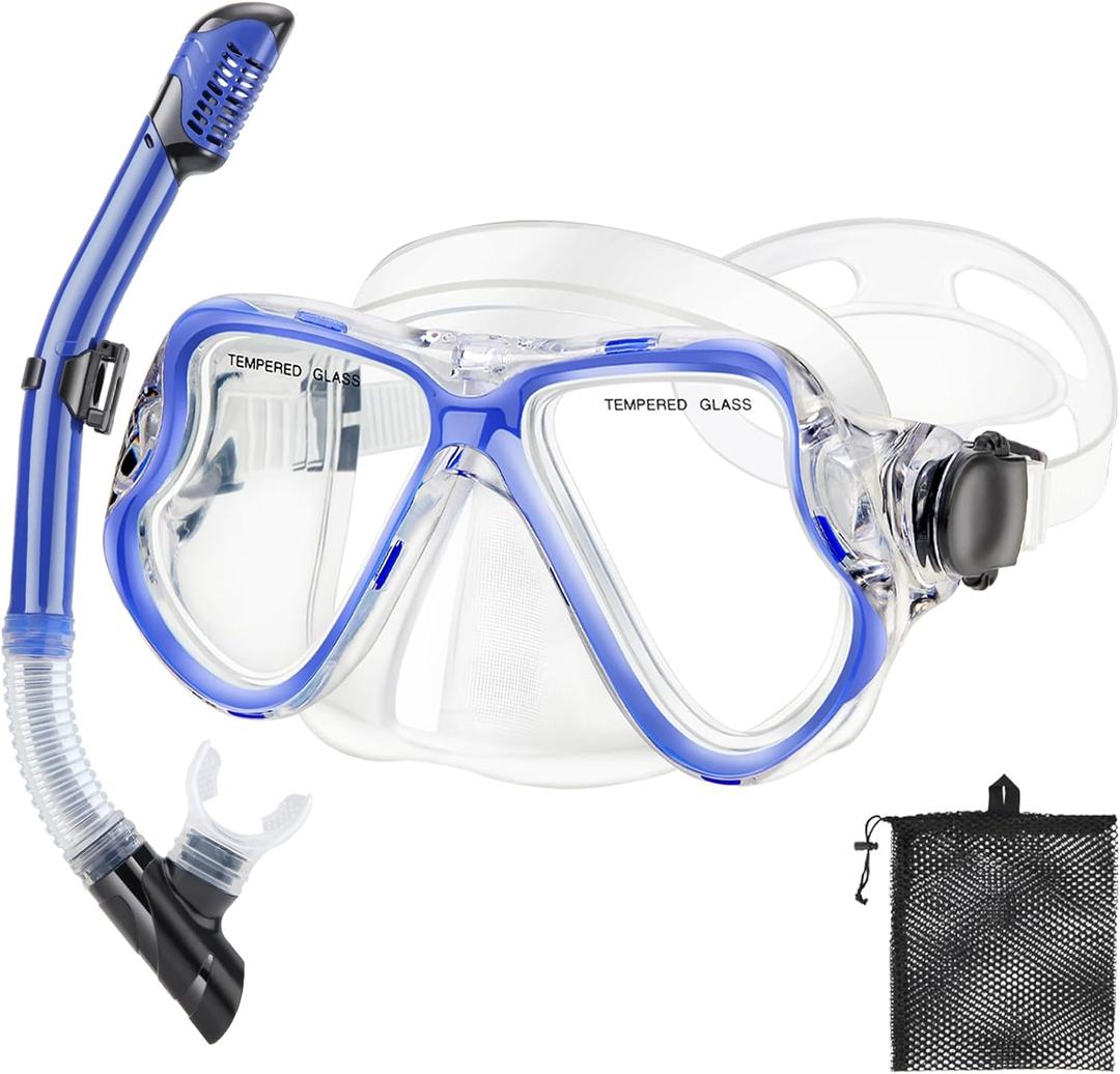Snorkeling Gear for Adults Kids, Dry Snorkeling Set, Panoramic Anti-Leak and Anti-Fog Tempered Glass Lens, Adjustable Strap Snorkel Set with Mesh Bag Ear Plug for Snorkeling Scuba Diving Travel (Kids(3-14 Ages), Blue+Transparent) Snorkeling Gear for Adults Kids, Dry Snorkeling Set, Panoramic Anti-Leak and Anti-Fog Tempered Glass Lens, Adjustable Strap Snorkel Set with Mesh Bag Ear Plug for Snorkeling Scuba Diving Travel (Kids(3-14 Ages), Blue+Transparent)