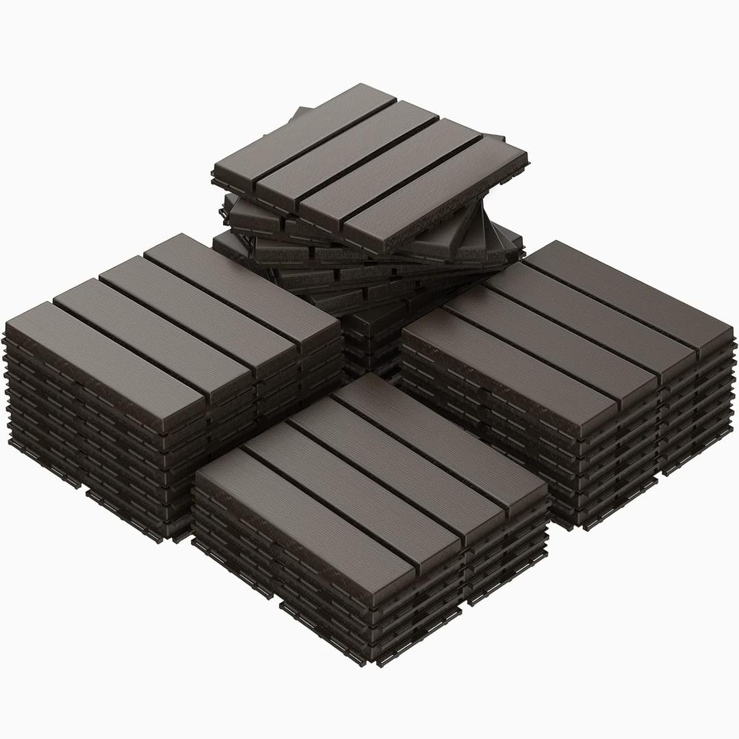 Goovilla Plastic Interlocking Deck Tiles, 27 Pack Balcony Flooring, 12"x12" Waterproof Outdoor Flooring All Weather Use, Patio Floor Decking Tiles for Porch Poolside Backyard Concrete, Dark Coffee