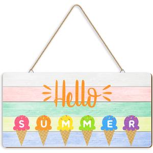 Hello Summer Door Sign Decor Ice Cream Beach Hanging Signs Themed Wooden Door Hanger with Rope Summer Colorful Wall Decor for Home Front Porch Outdoor, 12 x 6 x 0.2 Inch