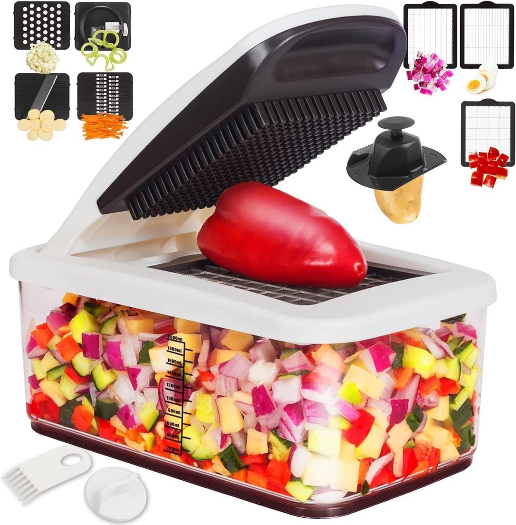 RK Vegetable Chopper, Extra Large Chopper Vegetable Cutter, Multifunctional 10-in-1 Pro Food Chopper - 6 Blades, 4 Vegetable Spiralizers, E-Recipes - Veggie Chopper with Container