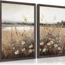 Wildflower Botanical Wall Art Decor Set of 2 Vintage Canvas Wall Decor Landscape Field Wall Art Pictures Farmhouse Prints Landscape Painting Vintage Artwork for Room Bedroom 16x24 Inch Framed