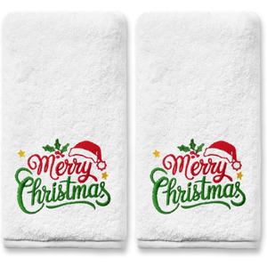 Christmas Hand Towels for Bathroom Set of 2, Red Hat Bathroom Decor Embroidered Merry Christmas Pattern, Winter Green Dish Towels Xmas, 100% Cotton Soft Towels for Kitchen Bath 14x30 Inches