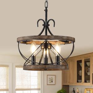 12 Inch Farmhouse Chandelier Light Fixture, 3-Light French Country Rustic Chandeliers Drum Hanging Pendant Lighting Over Table for Kitchen, Island, Dining, Room, Entryway, Foyer