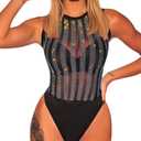 Lrady Women's Sheer Mesh Turtleneck Neck See Through Leotard Bodysuit Body Tops (X-Large, Black-8)