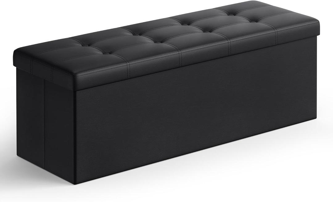 SONGMICS MAZIE Collection - 43 Inches Folding Storage Ottoman Bench, Ottoman with Storage, Foot Rest Stool, Load 660 lb, for Living Room, Synthetic Leather, Black ULSF701, 15"D x 43"W x 15"H