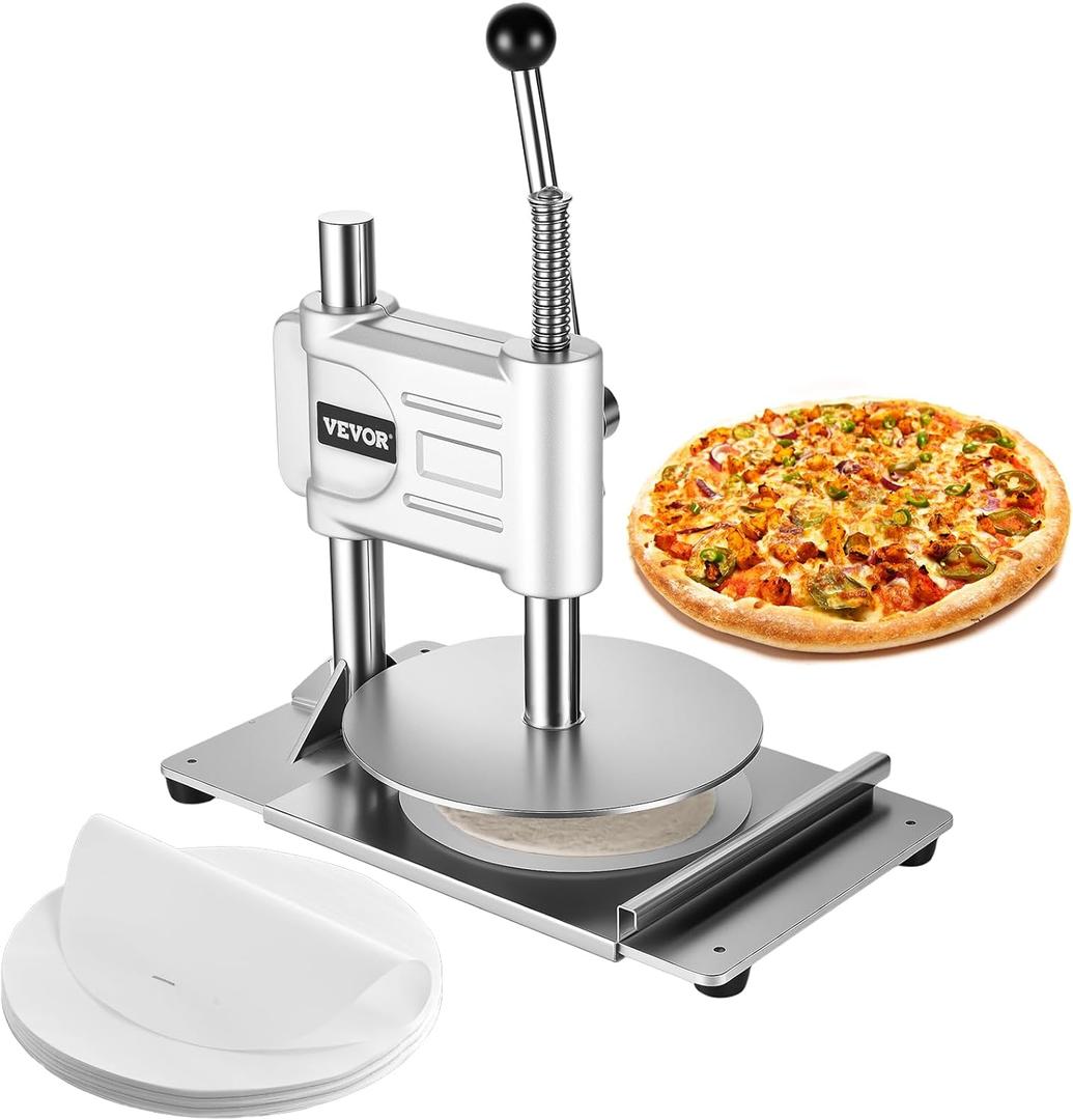 VEVOR Manual Pizza Dough Press Machine, 9.5 inch Pizza Pastry Press Plate, Stainless Steel Bread Presser, Commercial Chapati Sheet Crust Maker, Forming Machine with Handle and 100 Pcs Parchment Paper