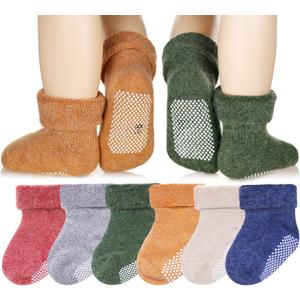 Eyean Baby Wool Grip Sock Soft Winter Warm Thick Non Slip Toddler Boy Girls Crew Socks For Children 6 Pairs (0-12 Months, Solid Color)