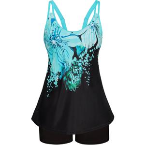 Arolina Tankini Swimsuits for Women Tummy Control Two Piece Bathing Suits Flowy Swim Tops with Boy Shorts (Medium, Blue Floral)