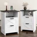 Farmhouse Night Stand Set of 2 with Charging Station, Bedside Table w/2 Drawers & Storage, Rustic End Tables for Bedroom, Living Room, Small Spaces, Home Office, White