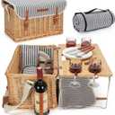 Wicker Picnic Basket for 4, 4 Person Picnic Kit, Willow Hamper Service Gift Set with Blanket Portable Bamboo Wine Snack Table for Camping and Outdoor Party